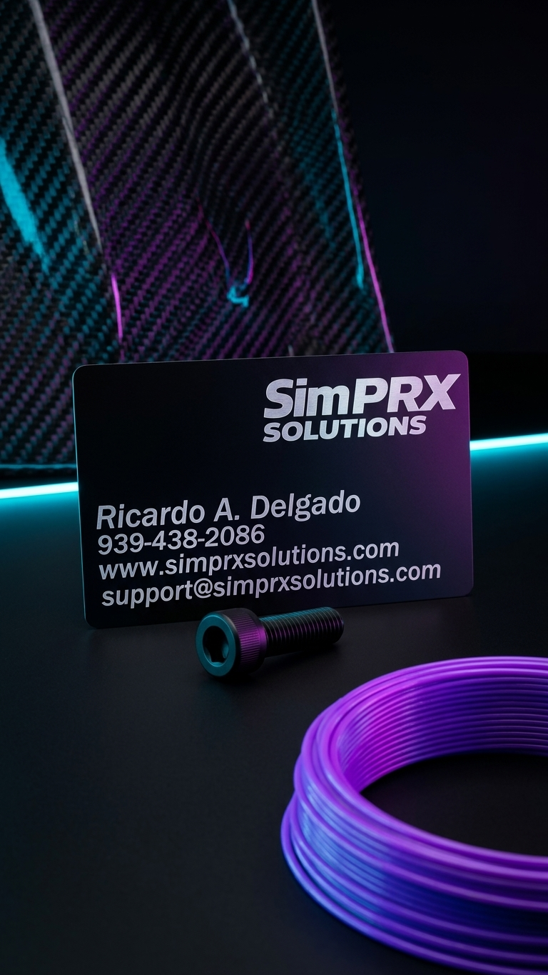 Black aluminum SimPRX Solutions business card laser engraved with name, phone and email