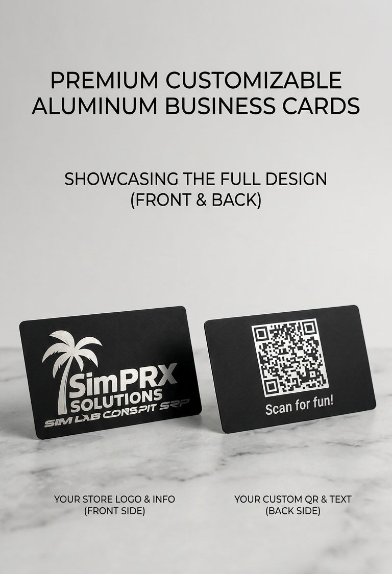 Premium customizable aluminum business cards by SimPRX Solutions, front with logo and back with QR code