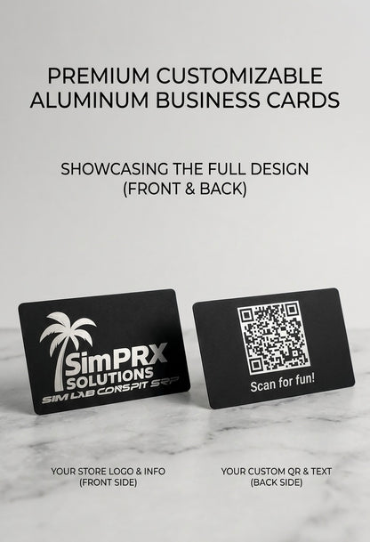 Premium customizable aluminum business cards by SimPRX Solutions, front with logo and back with QR code